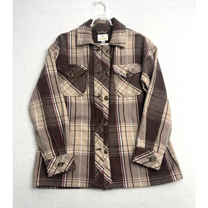 Aerie Offline Plaid Flannel Shacket Womens Size XS Button Down Jacket Tan Brown